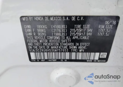 2016 Honda Hr-V Ex from USA, damaged, VIN 3CZRU6H53GM757653
